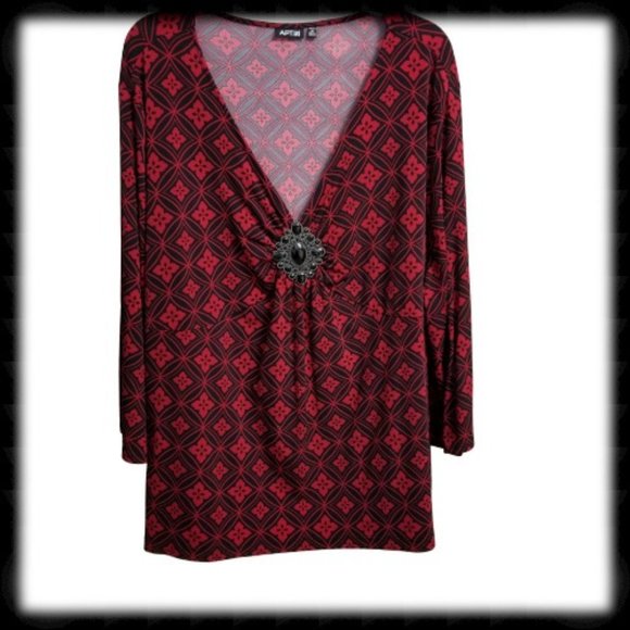 Apt. 9 Tops - Apt. 9 V Neck Long Sleeve Tunic Red & Black 3X